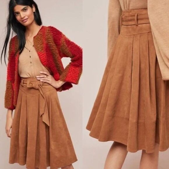 Anthropologie Akemi + Kin Skirt Tan Faux Suede Skirt Swing Belted Pleated Size 6 - Picture 13 of 13